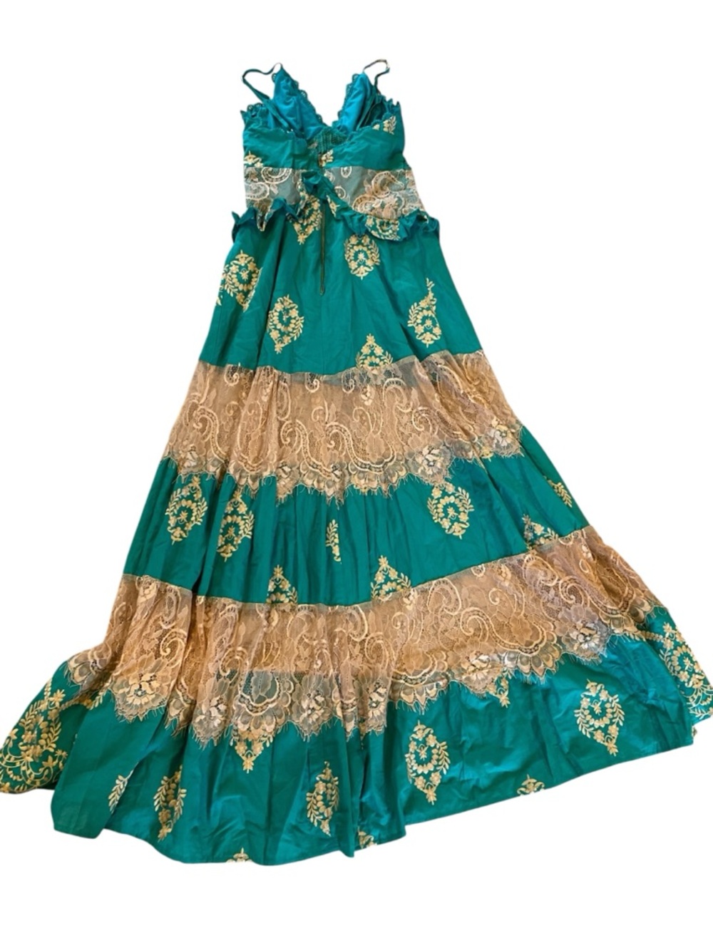 TUART OFFICIAL Turquoise Tiered Embroidered Lace Maxi Dress Bollywood - Picture 6 of 10